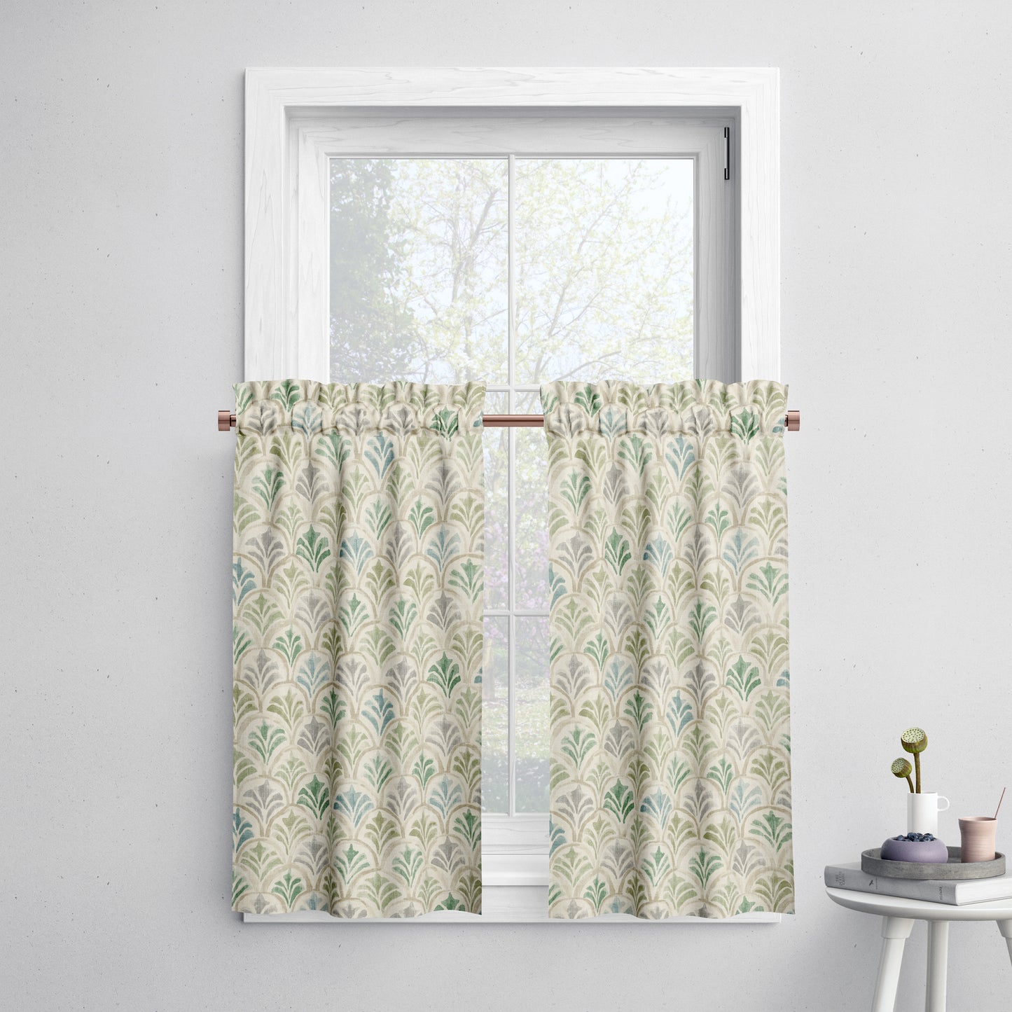 Tailored Tier Cafe Curtain Panels Pair in Countess Bay Green Scallop Watercolor
