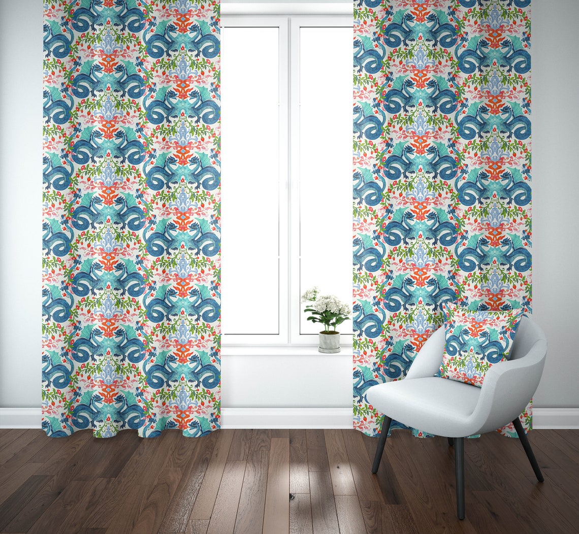 Tab Top Curtain Panels Pair in Kismet Cloud Kissing Dragon Oriental Toile, Multicolor Chinoiserie
