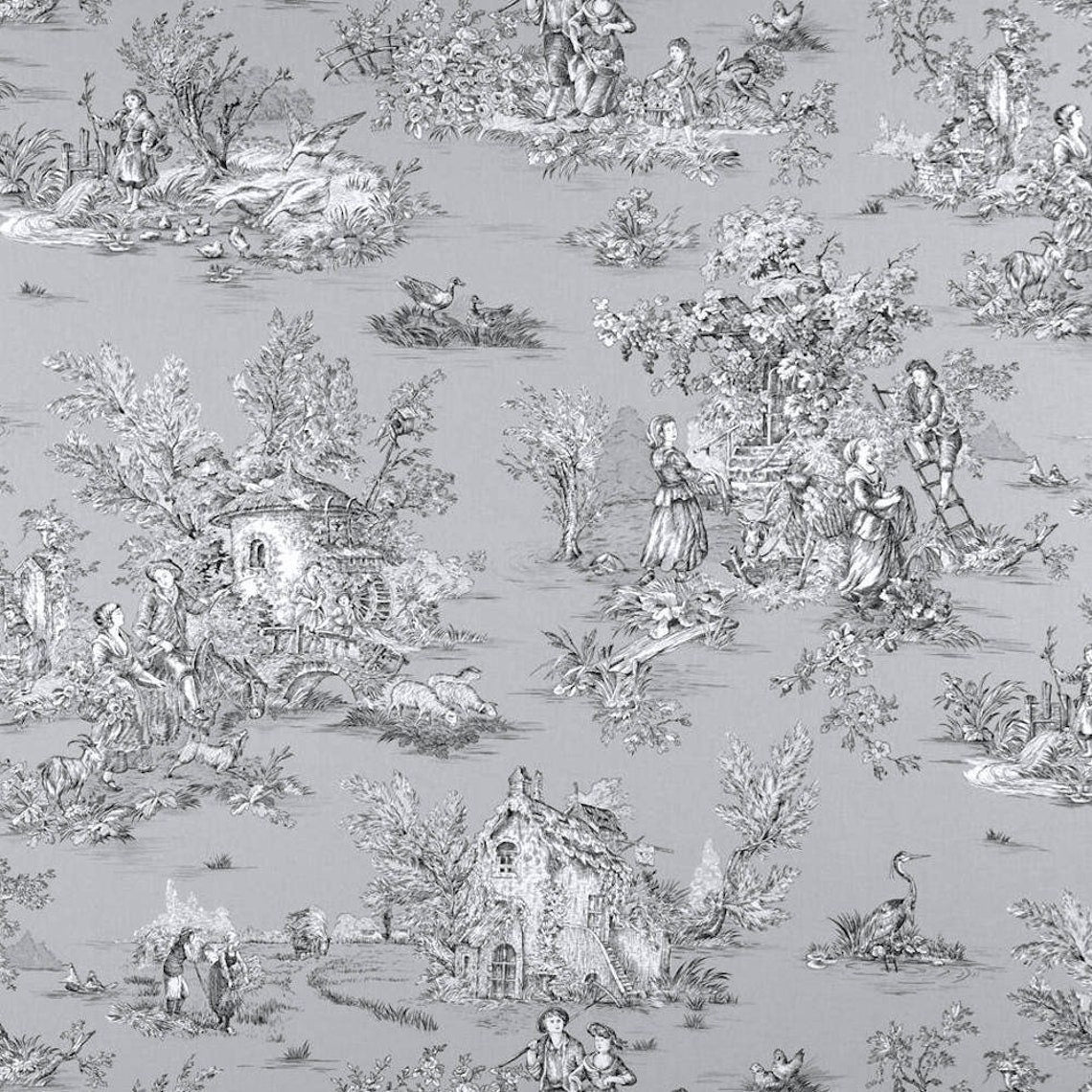 Back Tab Curtain Panels Pair in Pastorale #80 Grey 0n White French Country Toile