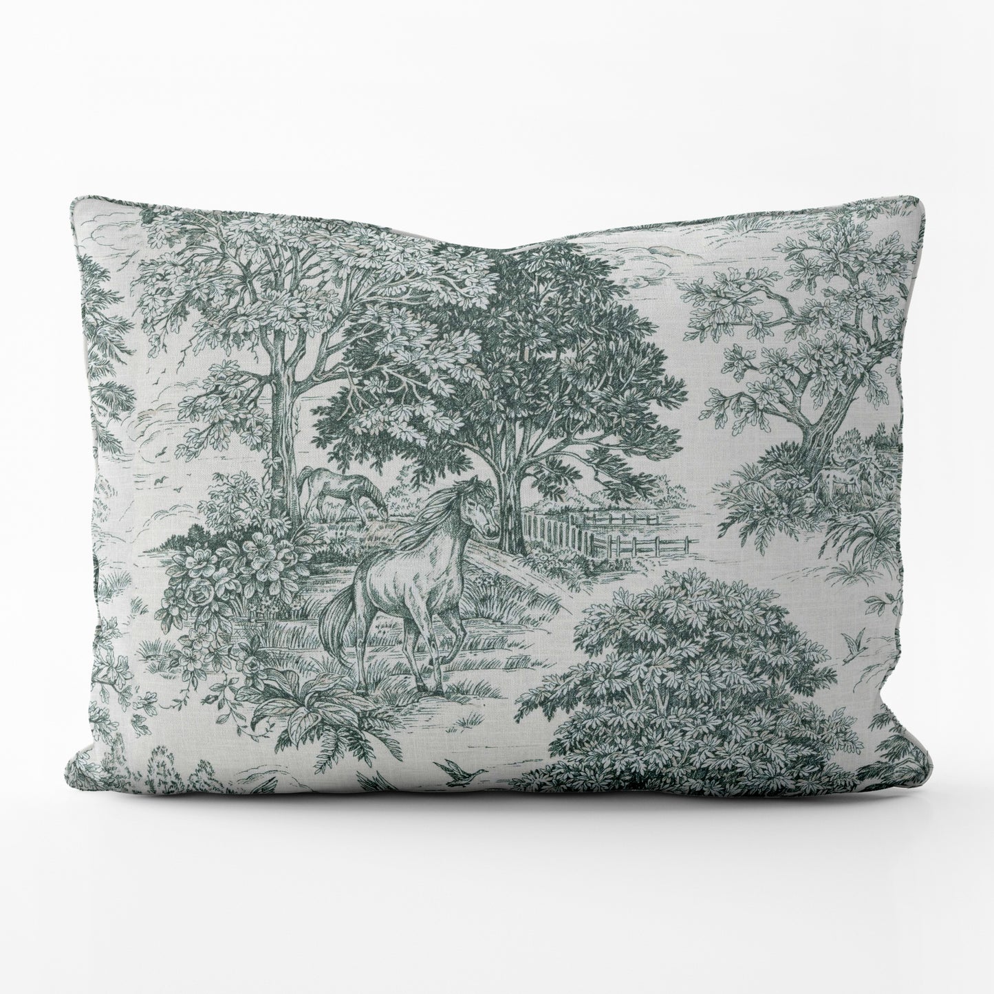 Decorative Pillows in Yellowstone Classic Green Country Toile- Horses, Deer, Dogs- Large Scale