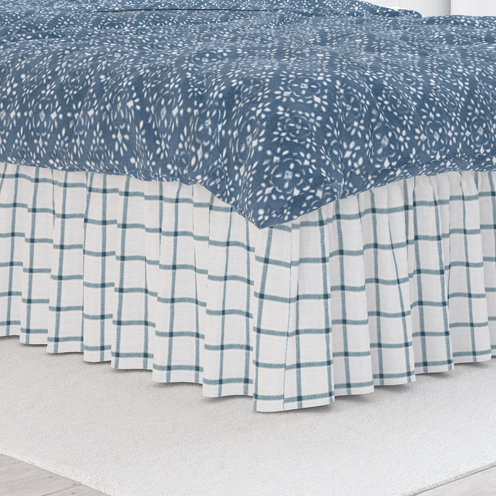 gathered bedskirt in aaron italian denim blue windowpane plaid