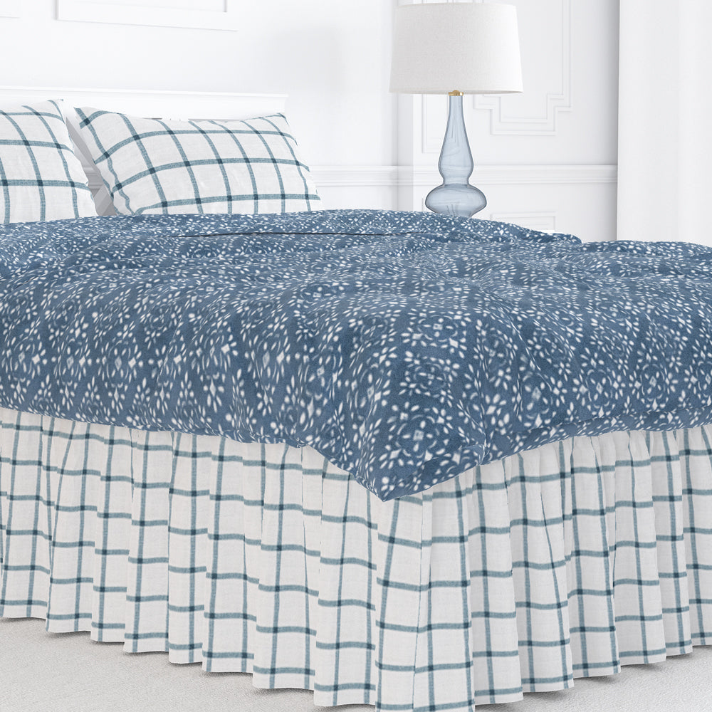 gathered bedskirt in aaron italian denim blue windowpane plaid