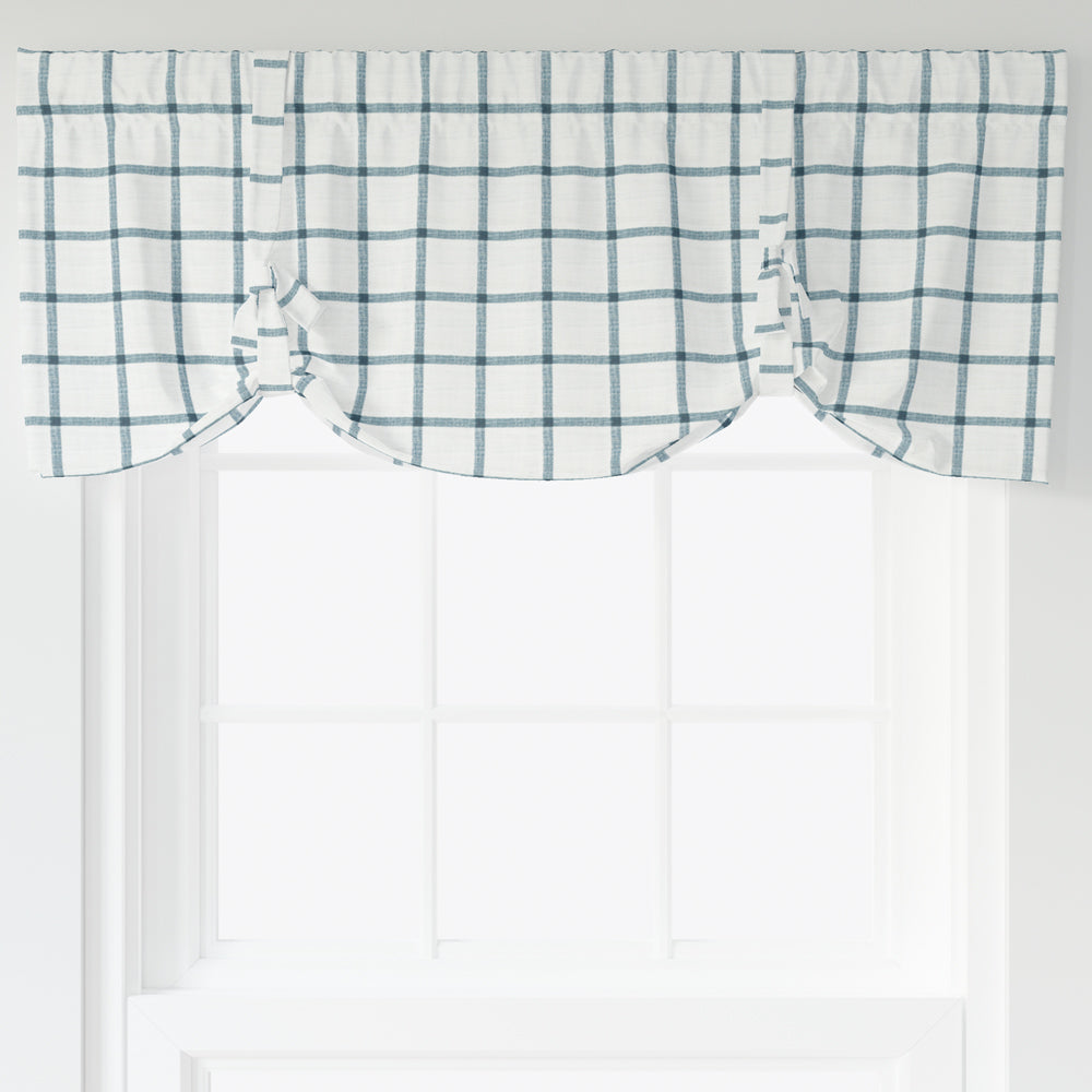 tie-up valance in aaron italian denim blue windowpane plaid