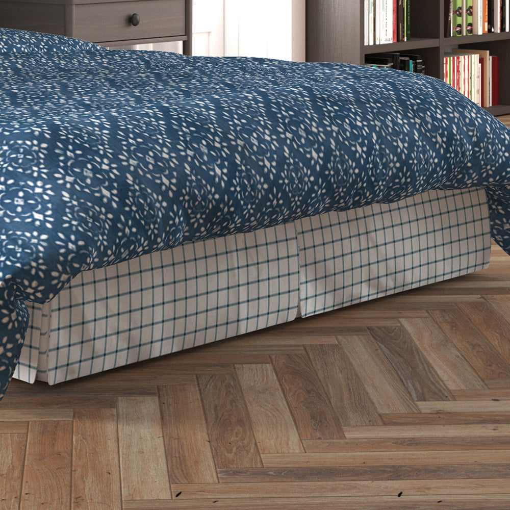 tailored bedskirt in aaron italian denim blue windowpane plaid