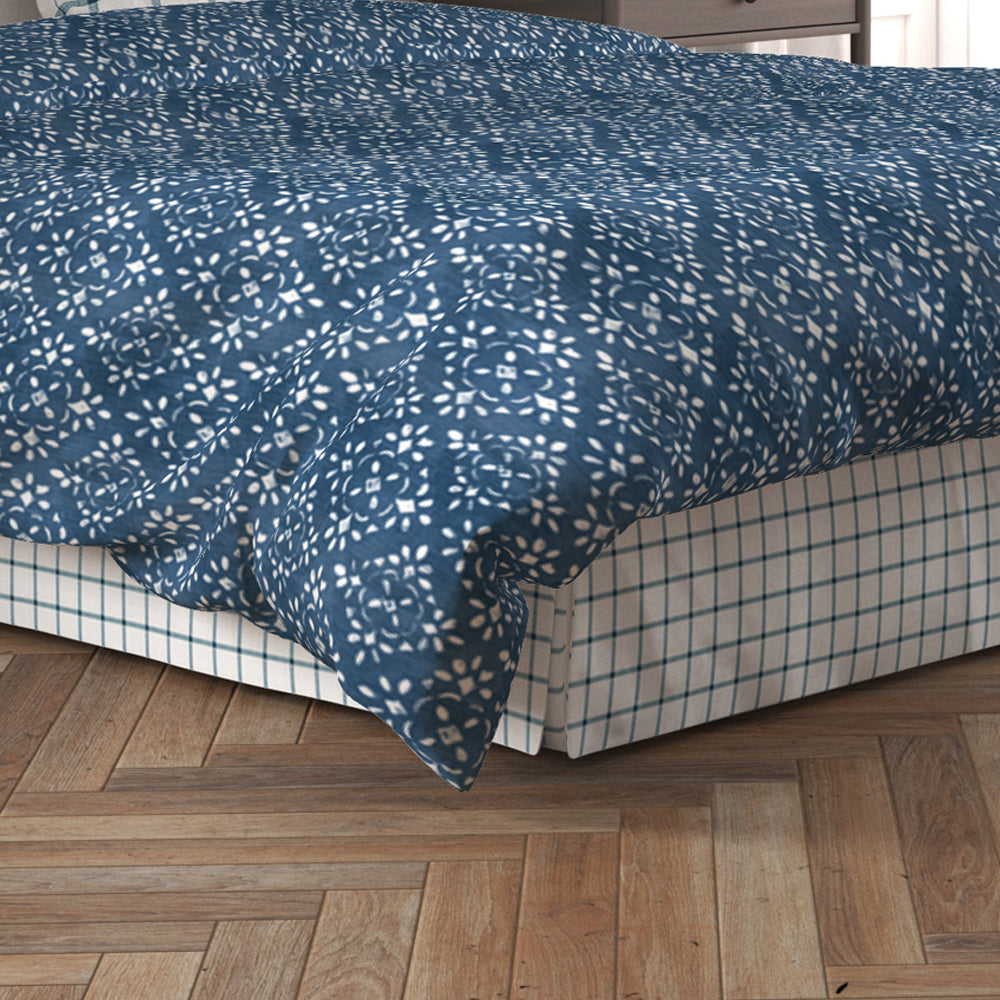tailored bedskirt in aaron italian denim blue windowpane plaid