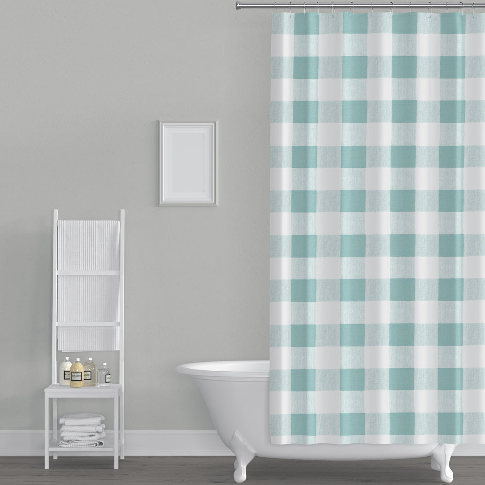shower curtain in anderson snowy pale blue-green buffalo check plaid