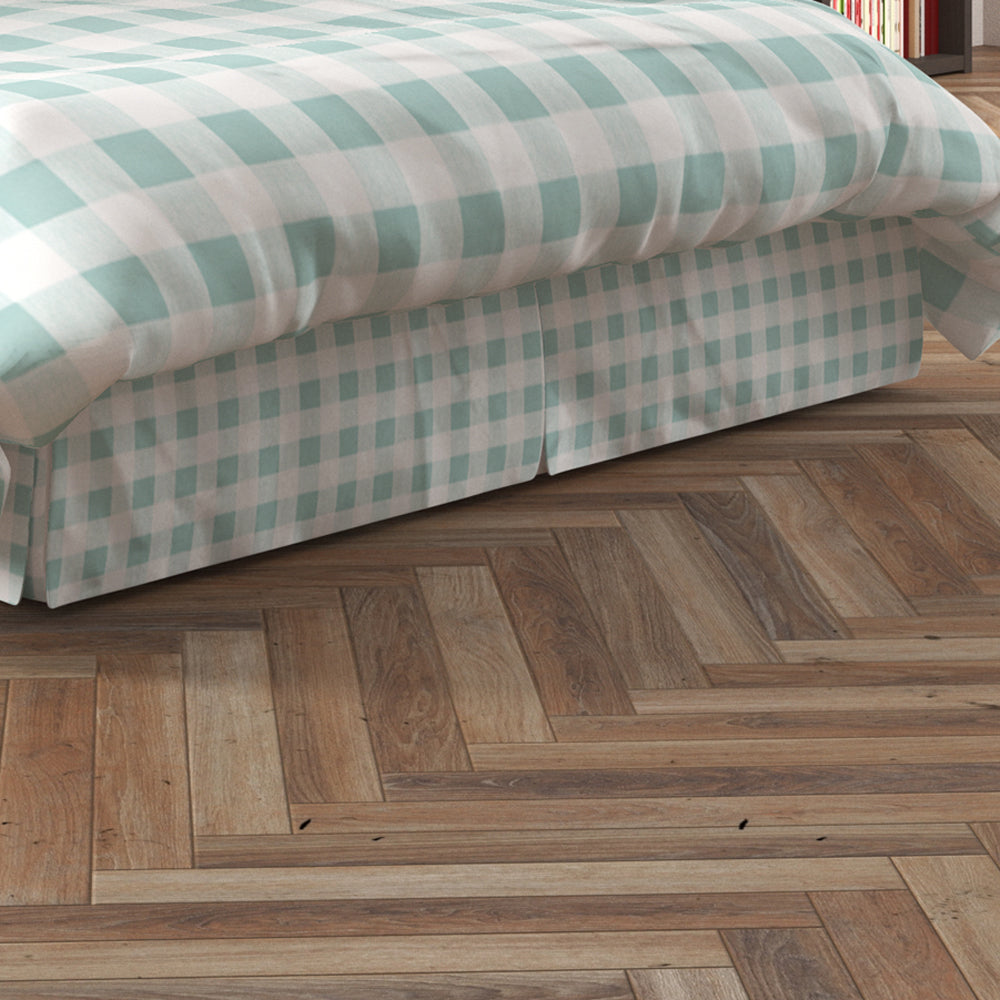 tailored bedskirt in anderson snowy pale blue-green buffalo check plaid