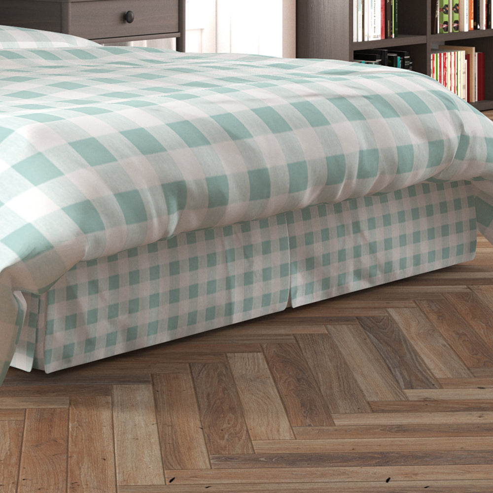 tailored bedskirt in anderson snowy pale blue-green buffalo check plaid