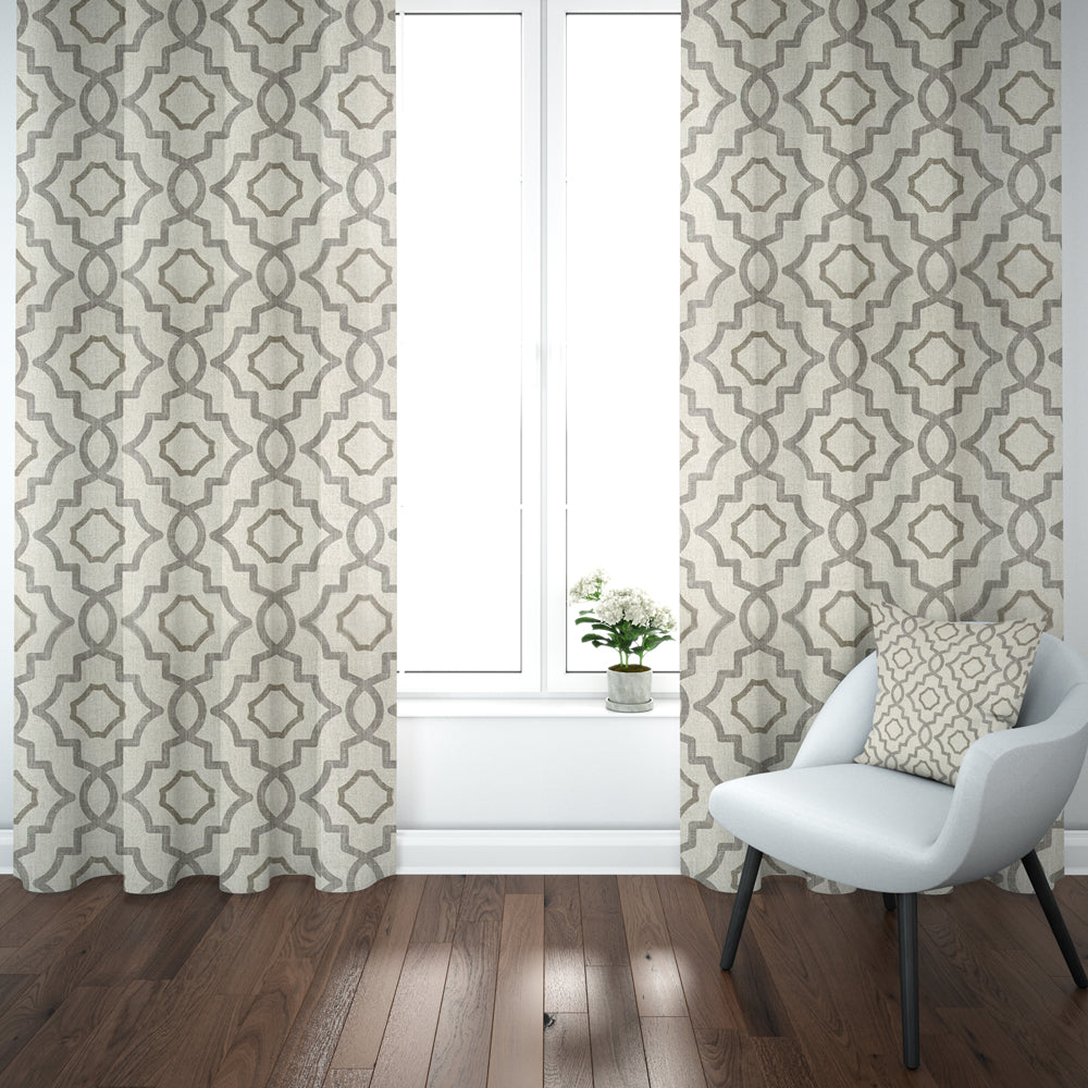 pinch pleated curtains in talbot metal gray lattice medallion