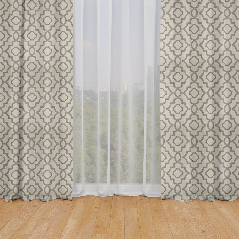 rod pocket curtains in talbot metal gray lattice medallion