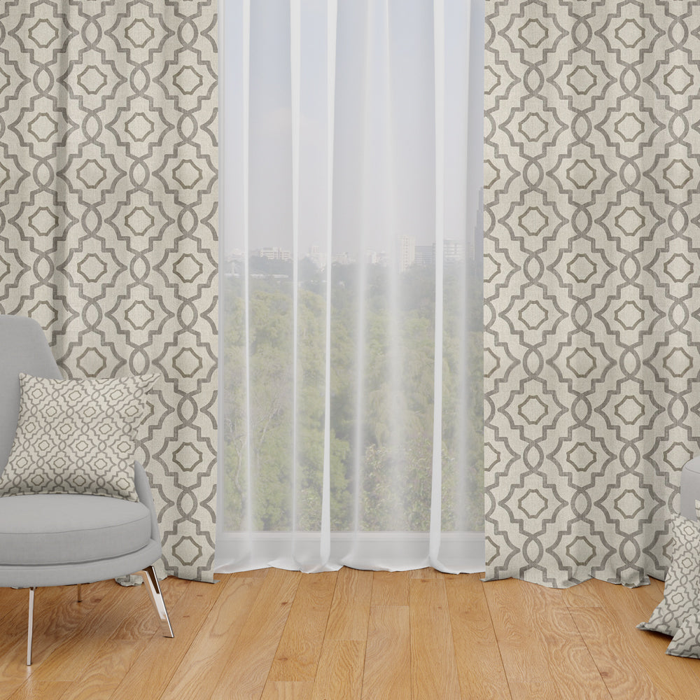 tab top curtains in talbot metal gray lattice medallion