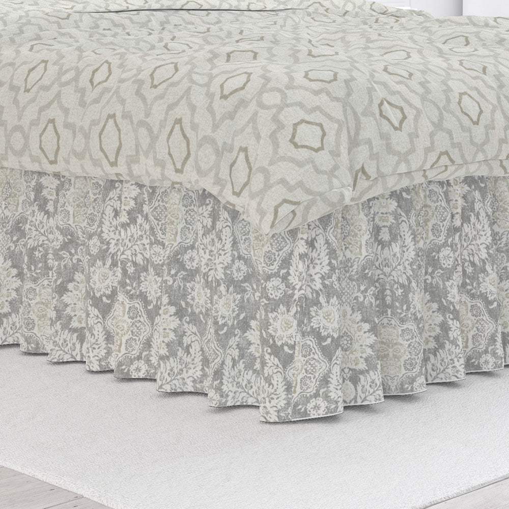 gathered bedskirt in belmont mist pale gray floral damask