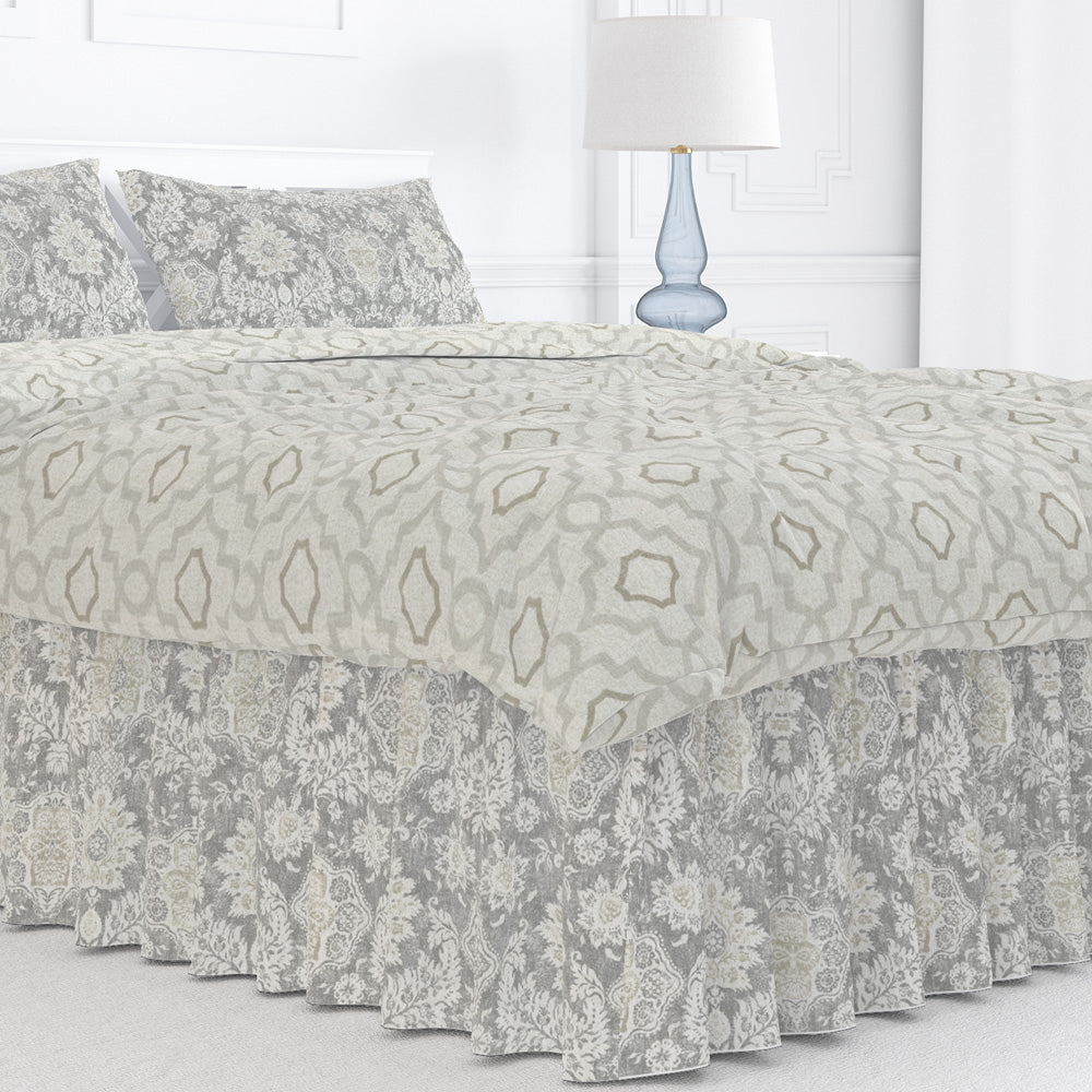 gathered bedskirt in belmont mist pale gray floral damask