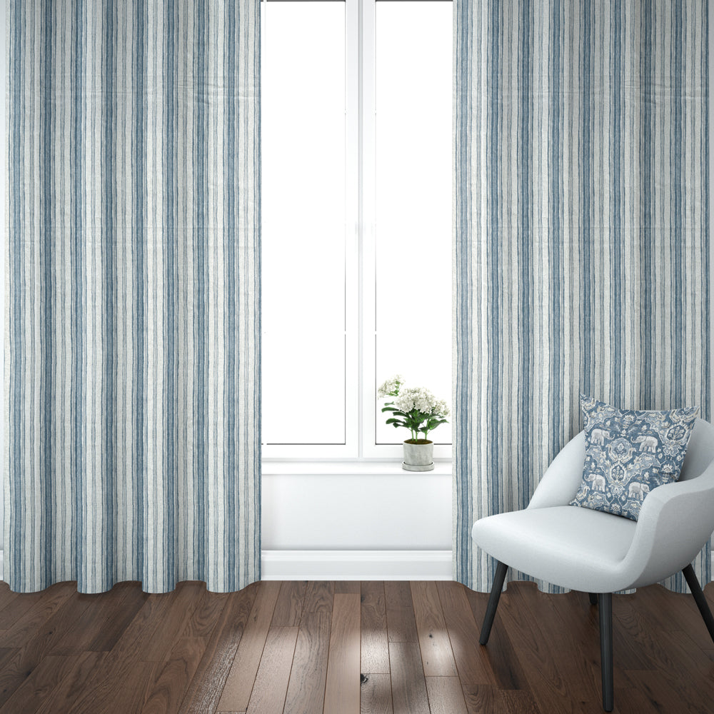 pinch pleated curtains in brunswick denim blue stripe