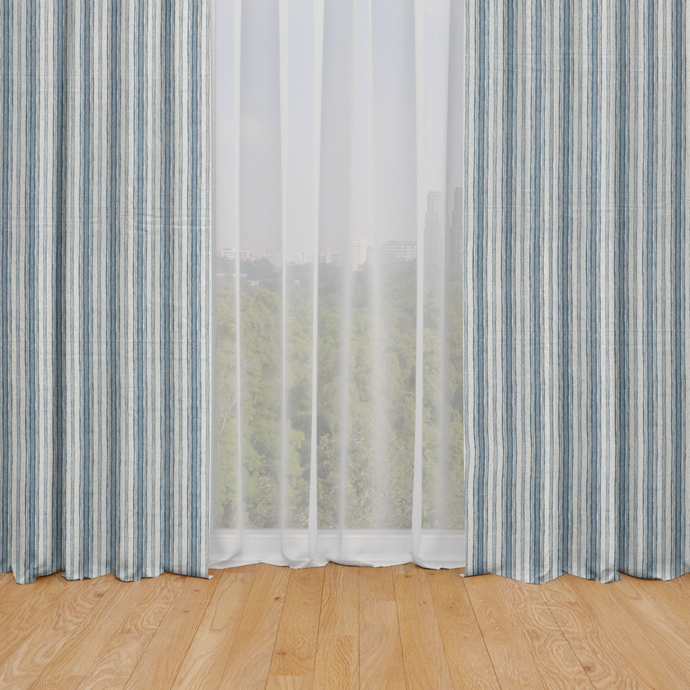 rod pocket curtains in brunswick denim blue stripe