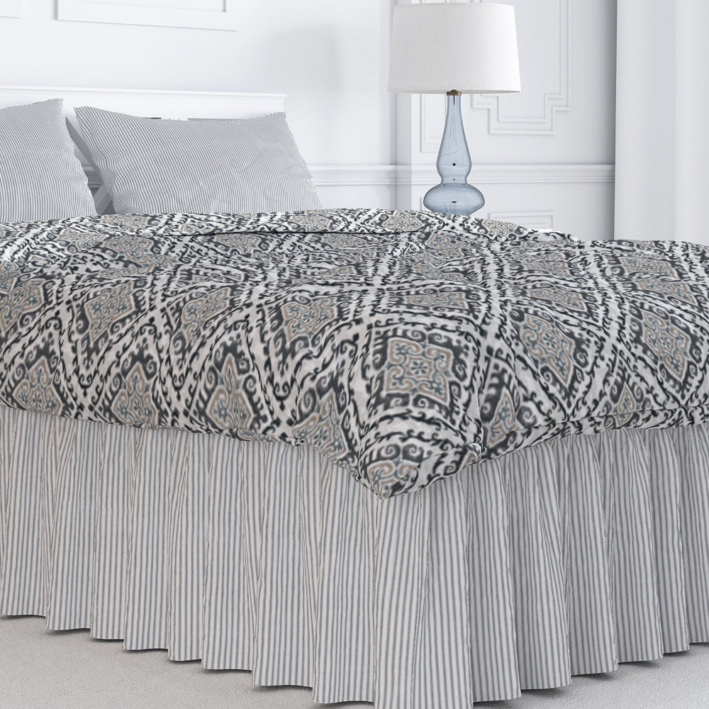 gathered bedskirt in classic black ticking stripe on white