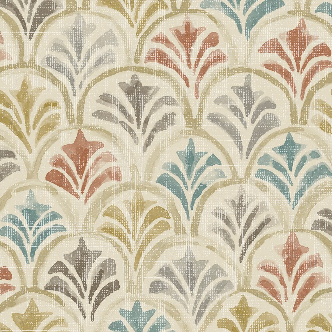 tie-up valance in Countess Tuscan Scallop Watercolor- Blue, Terracotta, Gray, Tan
