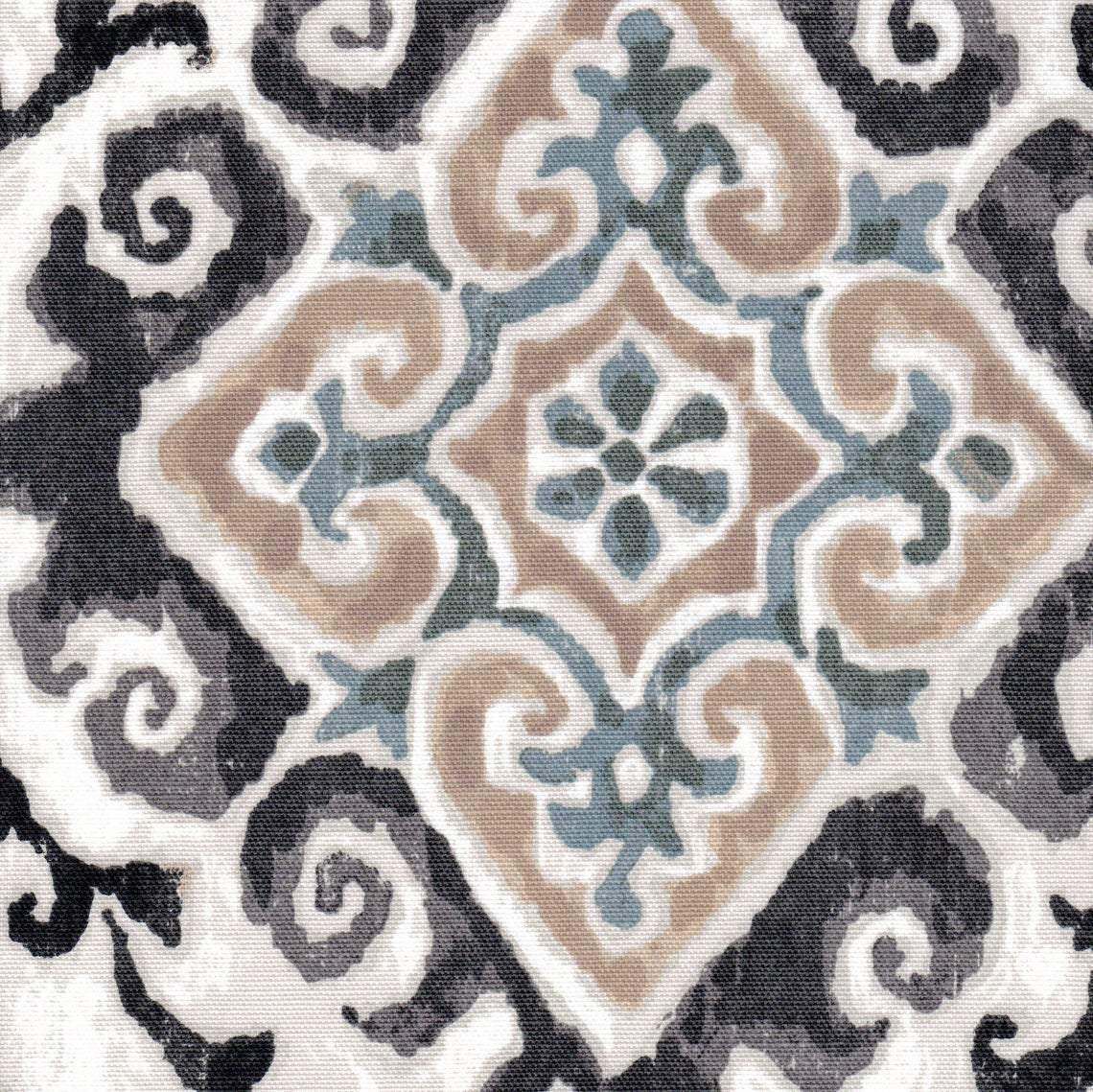tailored crib skirt in feabhra slate gray diamond medallion- blue, tan, large scale