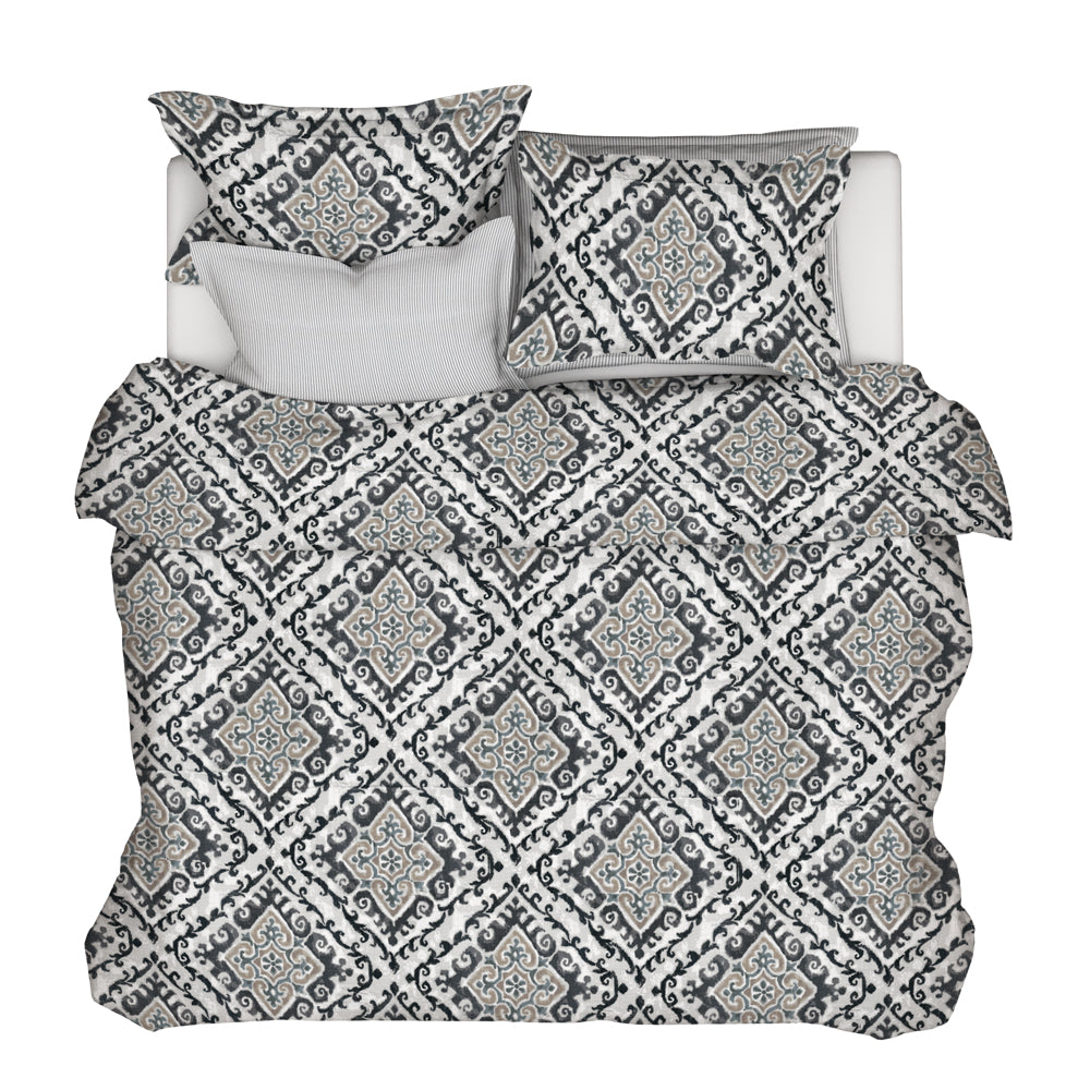 duvet cover in feabhra slate gray diamond medallion- blue, tan, large scale