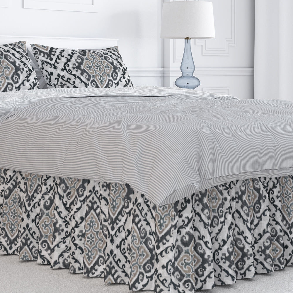 gathered bedskirt in feabhra slate gray diamond medallion- blue, tan, large scale