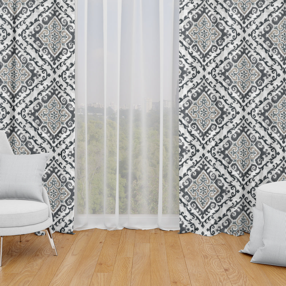 tab top curtain panels pair in feabhra slate gray diamond medallion - blue, tan, large scale