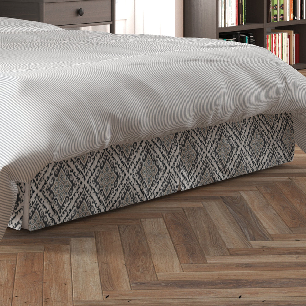 tailored bedskirt in feabhra slate gray diamond medallion- blue, tan, large scale