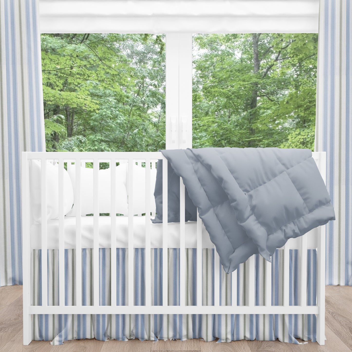 Gathered Crib Skirt in Newbury Antique Blue Stripe- Blue, Green, White