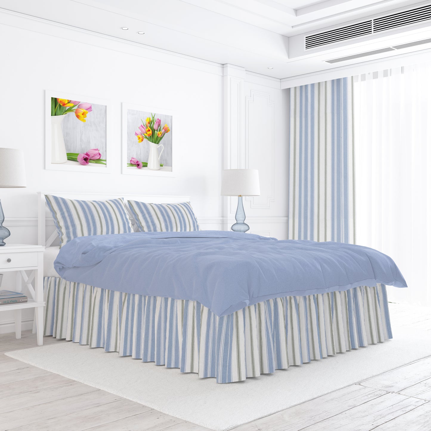 Gathered Bedskirt in Newbury Antique Blue Stripe- Blue, Green, White