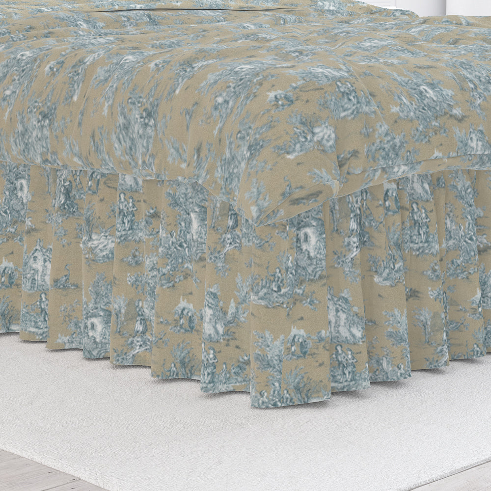 gathered bedskirt in pastorale #88 blue on beige french country toile