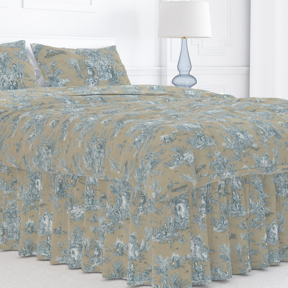 gathered bedskirt in pastorale #88 blue on beige french country toile