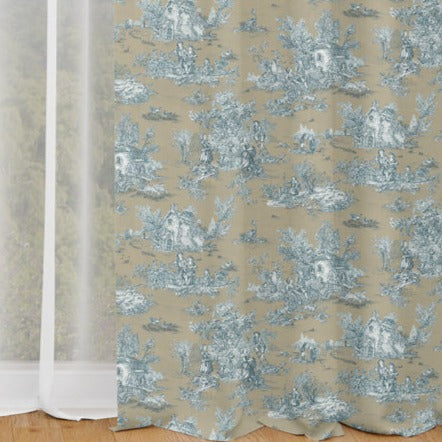 rod pocket curtain panels pair in pastorale #88 blue on beige french country toile