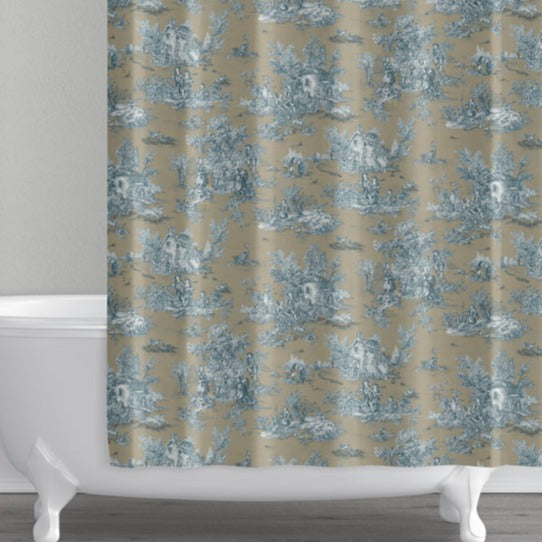 shower curtain in pastorale #88 blue on beige french country toile