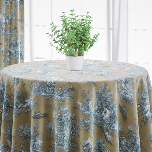 round tablecloth in pastorale #88 blue on beige french country toile