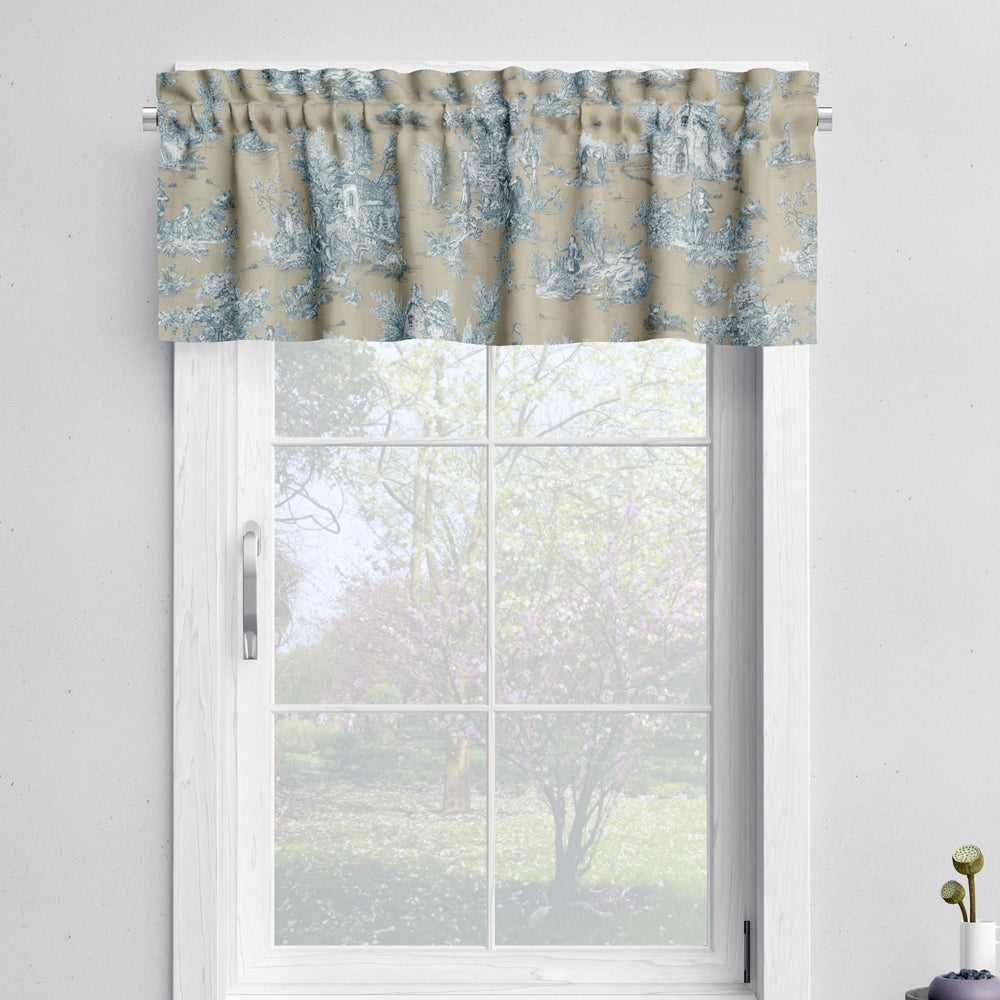 tailored valance in pastorale #88 blue on beige french country toile