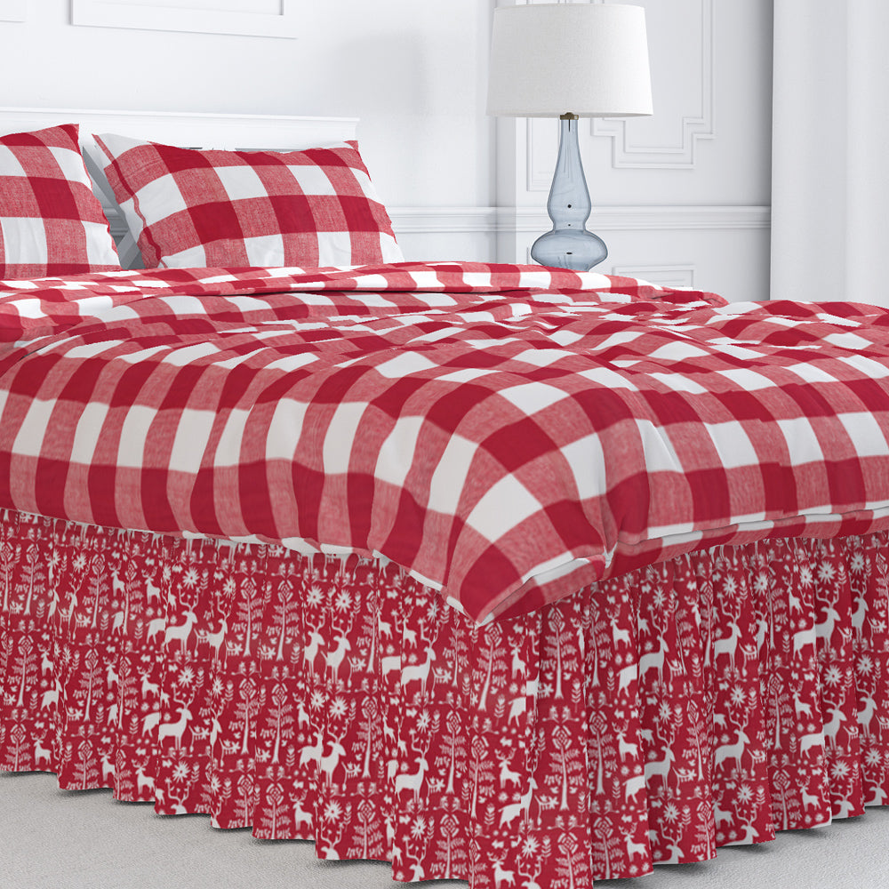 gathered bedskirt in promise land forest lipstick red