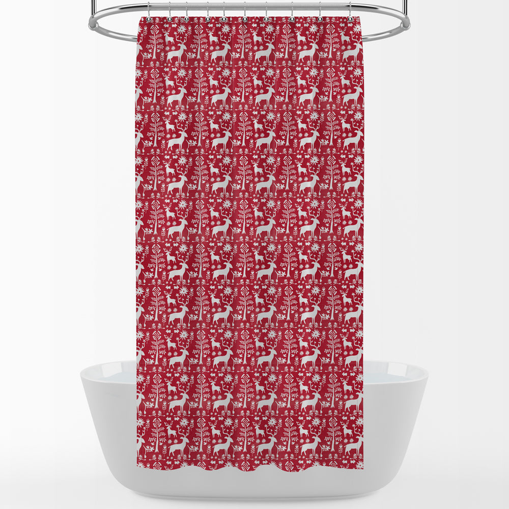 shower curtain in promise land forest lipstick red