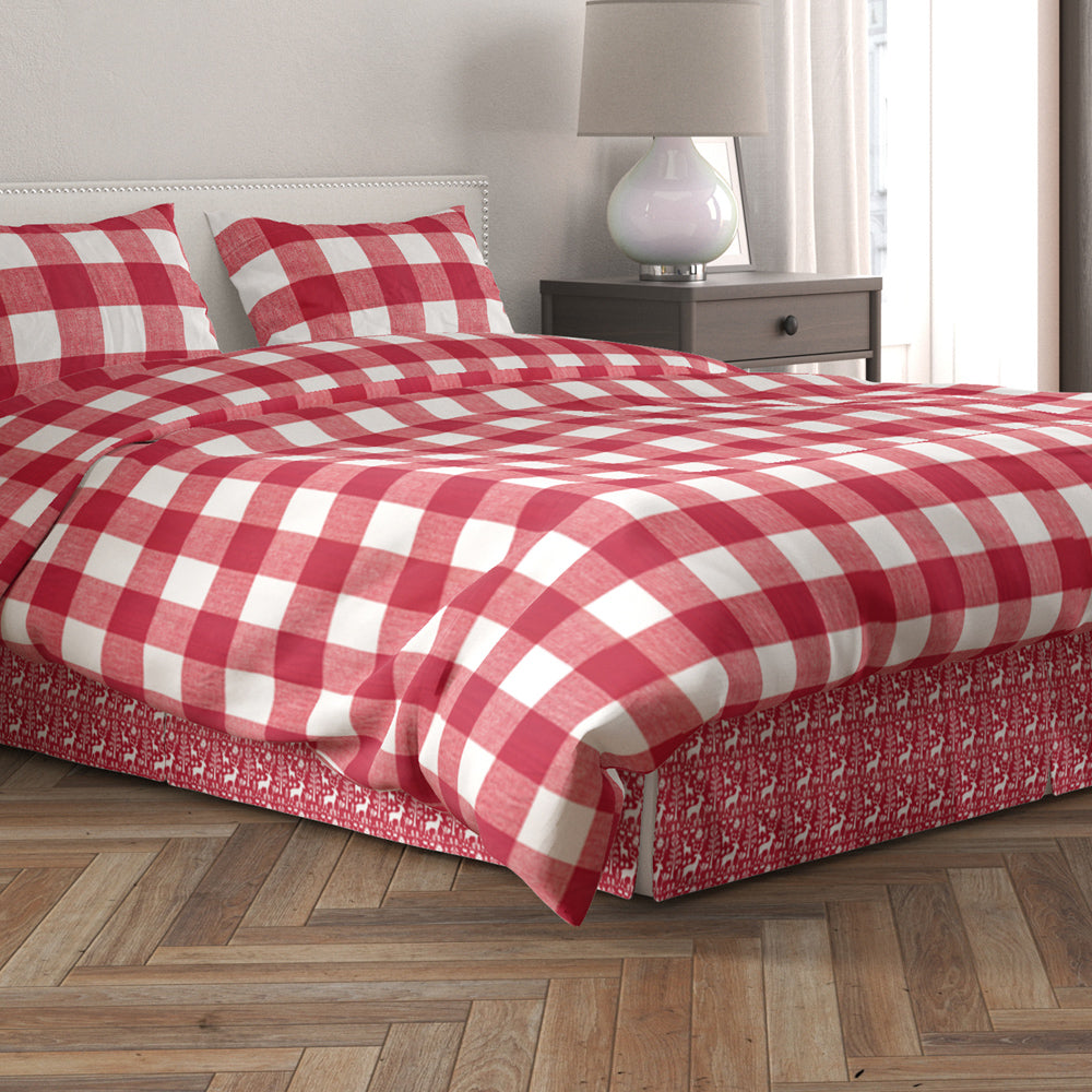 tailored bedskirt in promise land forest lipstick red