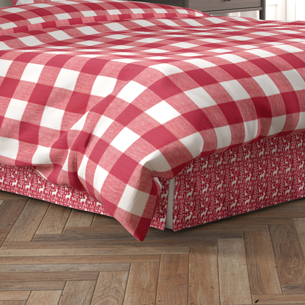 tailored bedskirt in promise land forest lipstick red