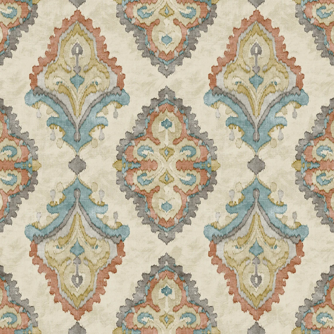 Bed Runner in Queen Tuscan Blue and Coral Medallion Watercolor- Large Scale