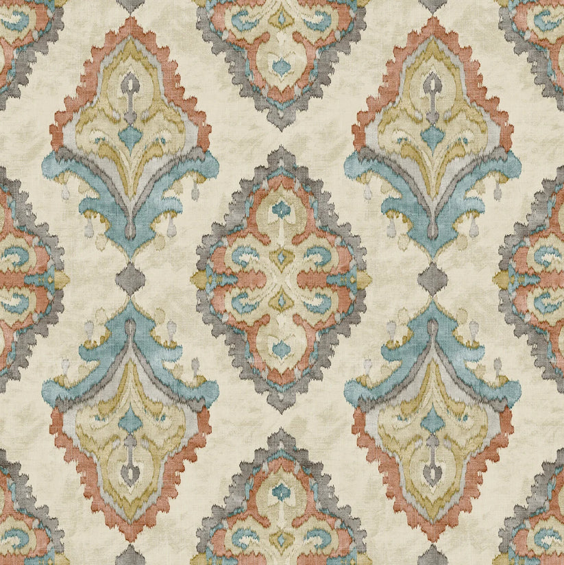 tailored valance in Queen Tuscan Blue and Coral Medallion Watercolor- Large Scale
