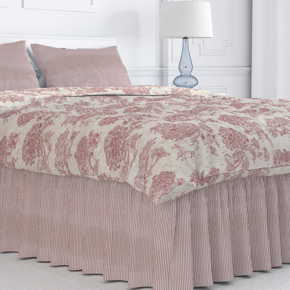 gathered bedskirt in farmhouse red traditional ticking stripe on beige