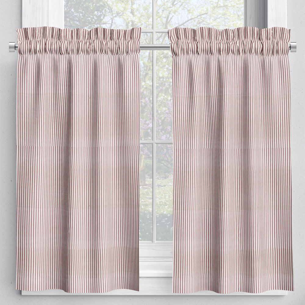 tailored tier curtains in farmhouse red traditional ticking stripe on beige
