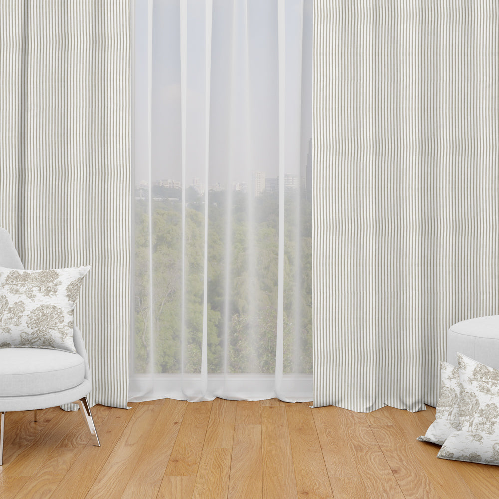 tab top curtains in farmhouse rustic brown ticking stripe