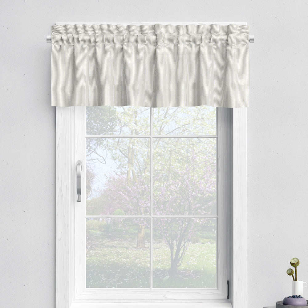 tailored valance in farmhouse rustic brown ticking stripe