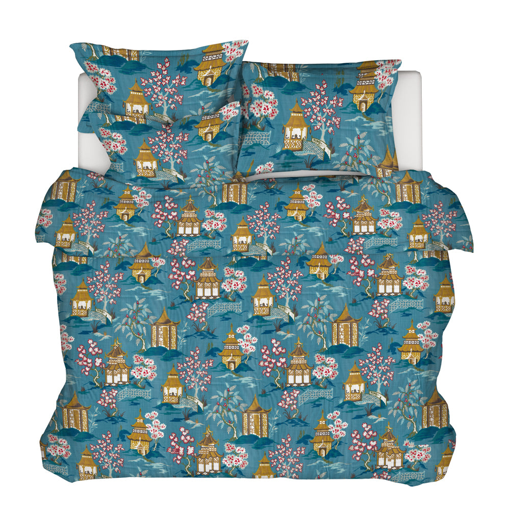 duvet cover in shoji azure blue oriental toile multicolor chinoiserie