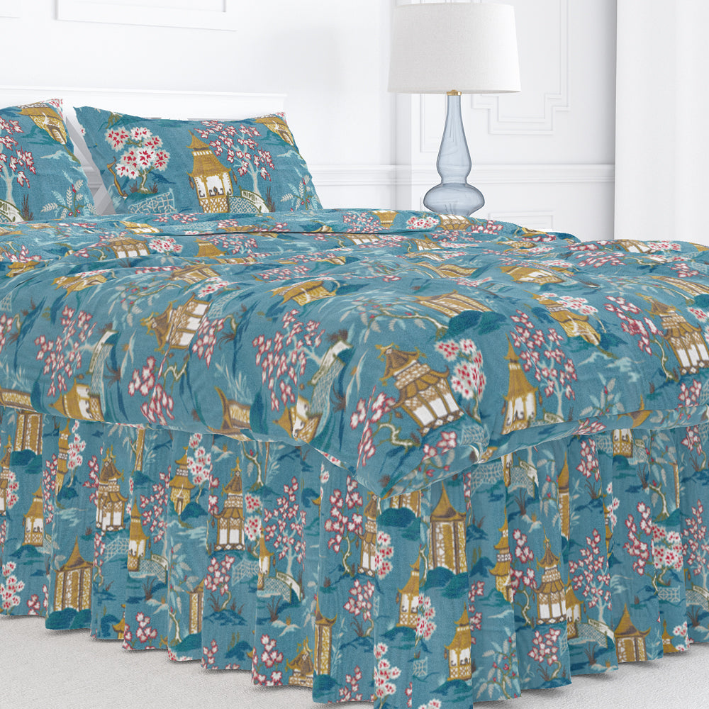 gathered bedskirt in shoji azure blue oriental toile multicolor chinoiserie