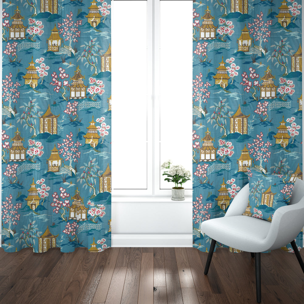 pinch pleated curtain panels pair in shoji azure blue oriental toile multicolor chinoiserie