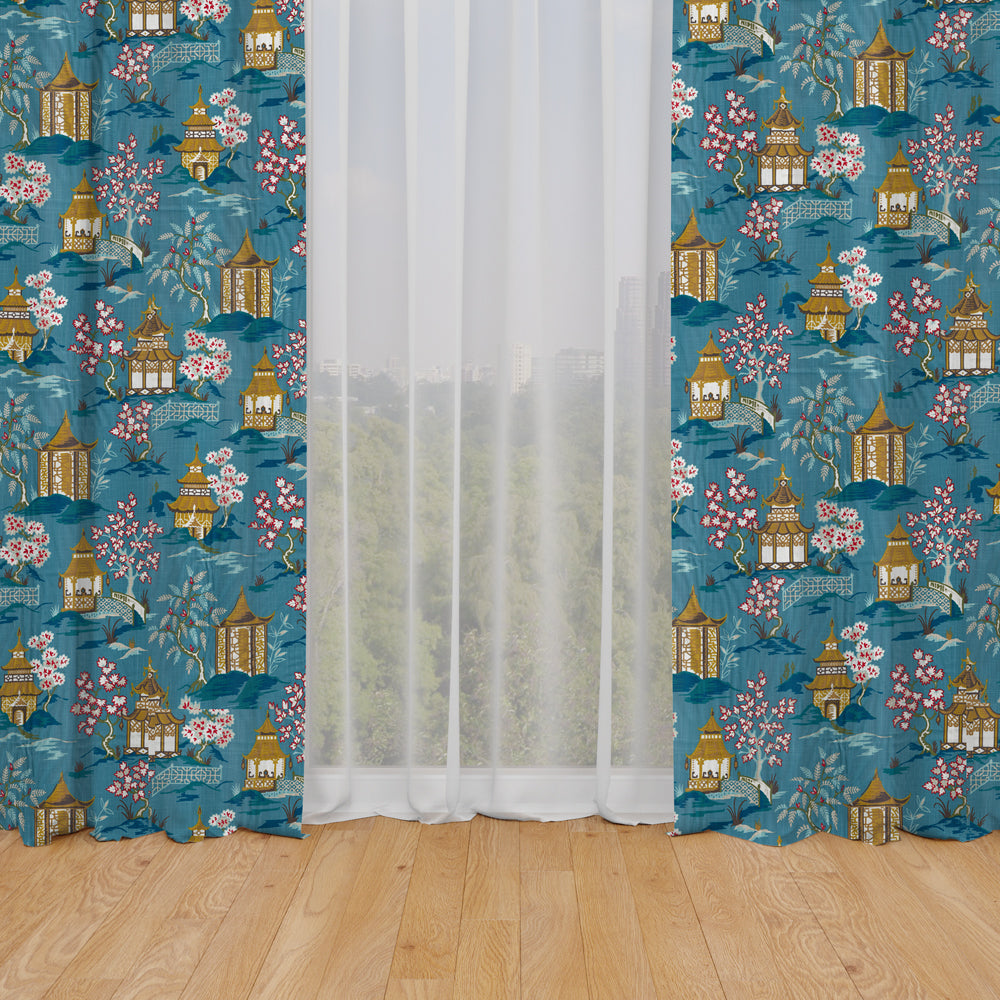 rod pocket curtain panels pair in shoji azure blue oriental toile multicolor chinoiserie