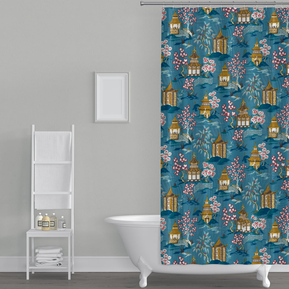 shower curtain in shoji azure blue oriental toile multicolor chinoiserie