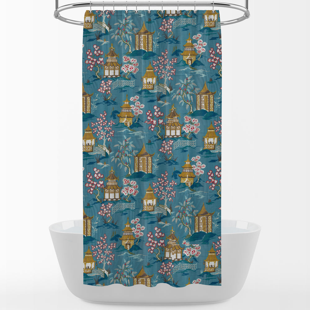 shower curtain in shoji azure blue oriental toile multicolor chinoiserie
